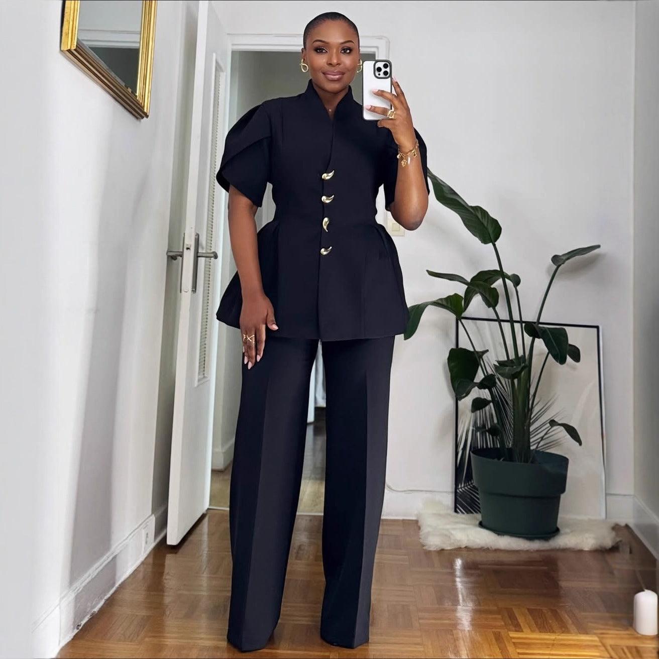 Elegant Commuter Two-Piece Set Womens Top With Bud Sleeves And Pants