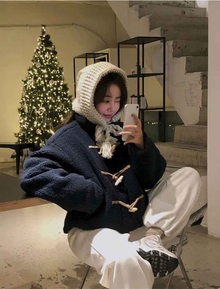 Horn Button Furry Coat Women's Winter Wear Fashion
