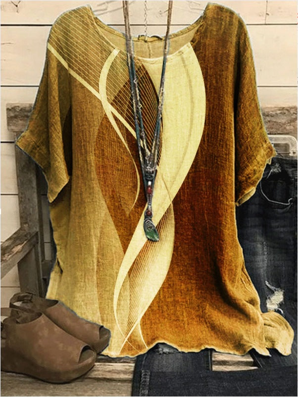New Casual Loose Printed Crew Neck Top