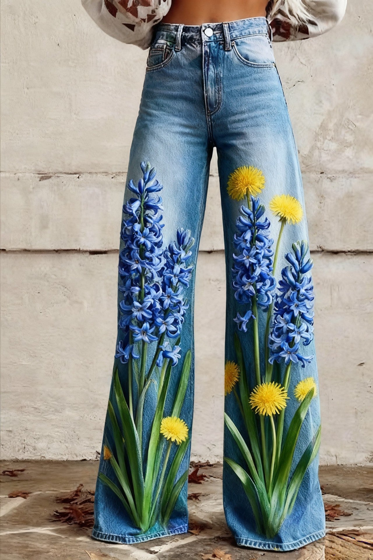 Floral-patterned Slim-fit Faux Denim Wide-leg Pants