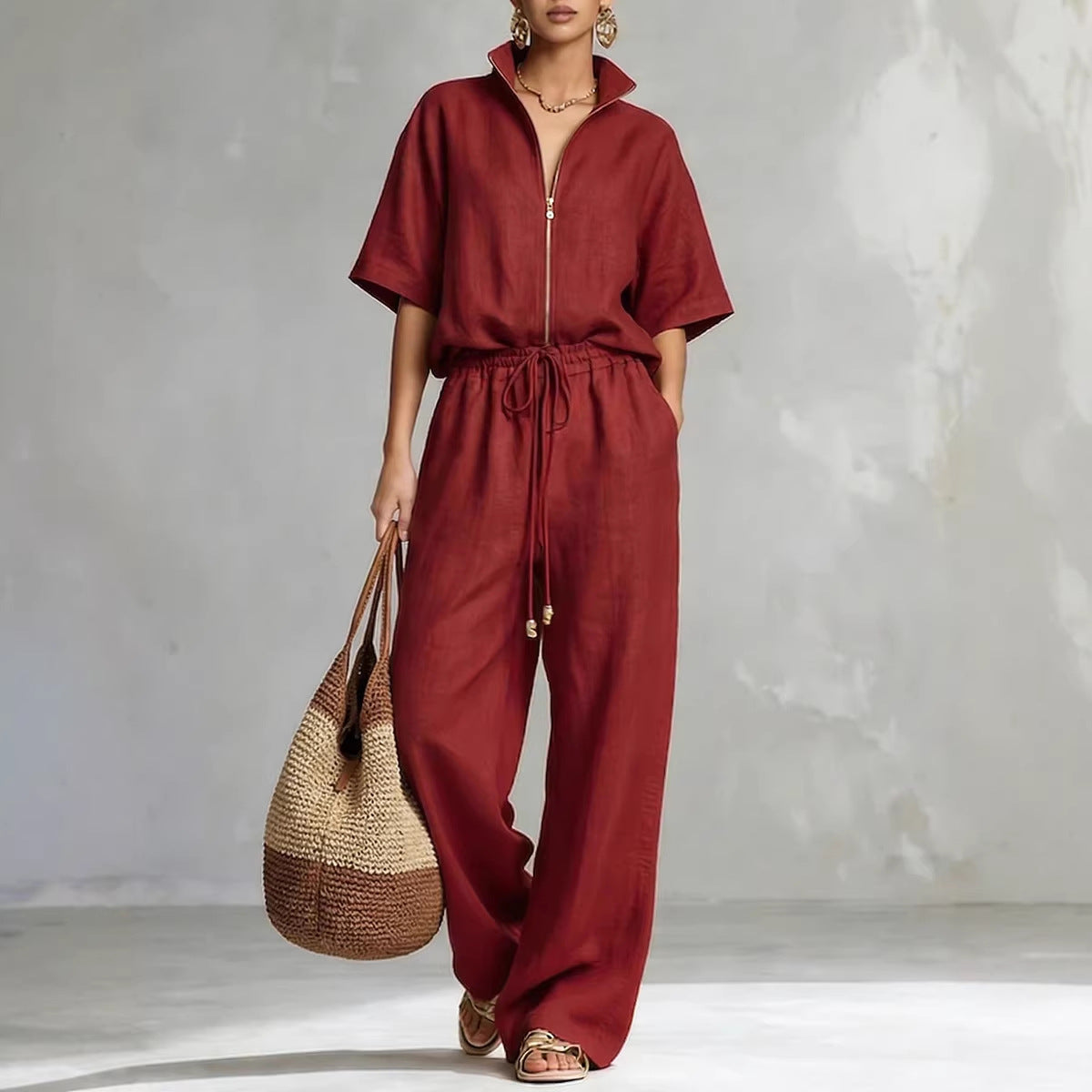 Womens Casual Loose Solid-Color Zip-Up Crew-Neck Wide-Leg Pants Set