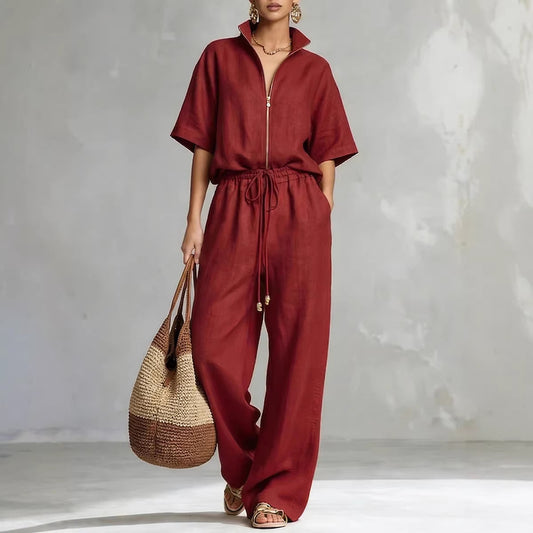 Womens Casual Loose Solid-Color Zip-Up Crew-Neck Wide-Leg Pants Set