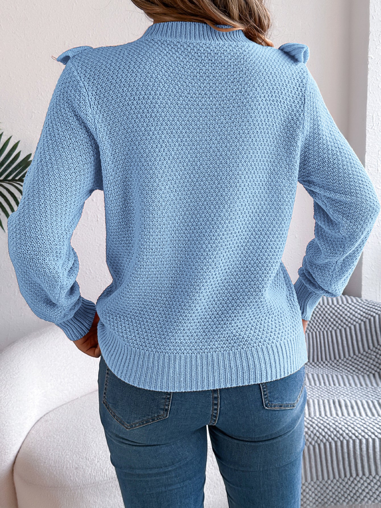 Women Elegant Solid Color Ruffled Long Sleeve Pullover Sweater