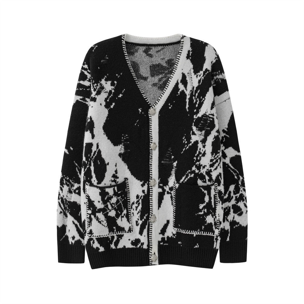 Color Contrast Stitching Jacquard V-neck Knitted Cardigan Men's Loose Long-sleeved Sweater Coat