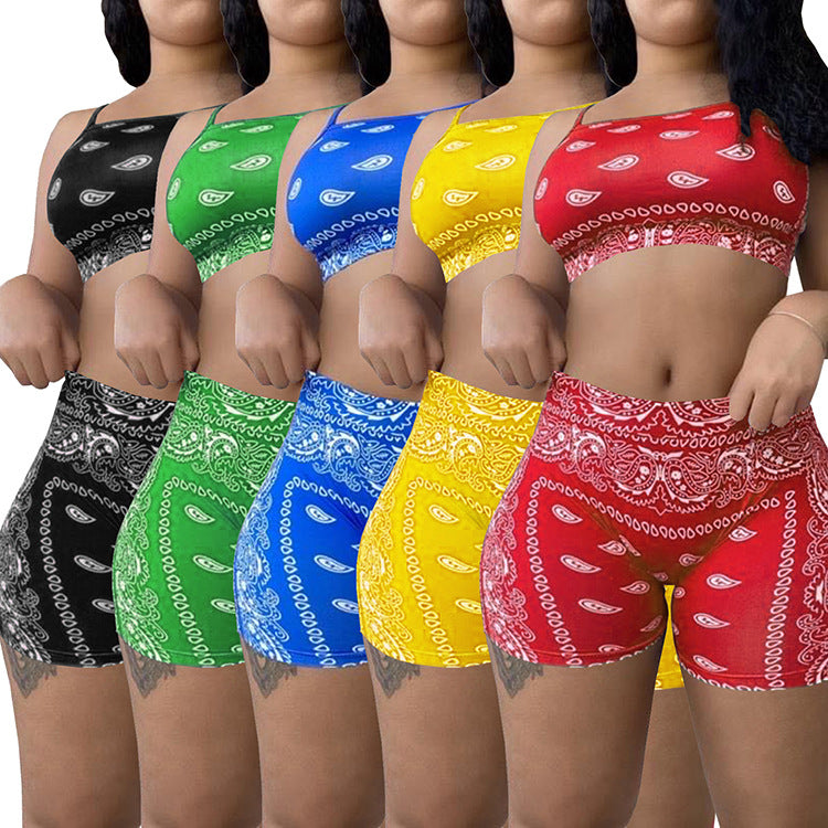 Womens Casual Printed Camisole And Sleeveless Shorts Two-Piece Set