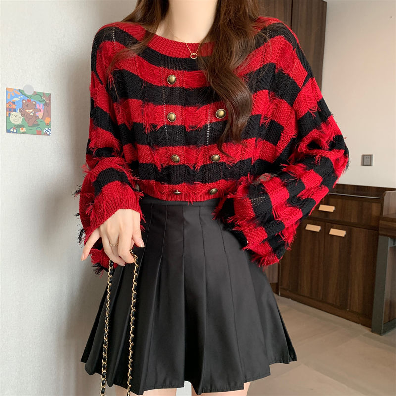 Striped French Tassel Design Sense Long Sleeve Short Top