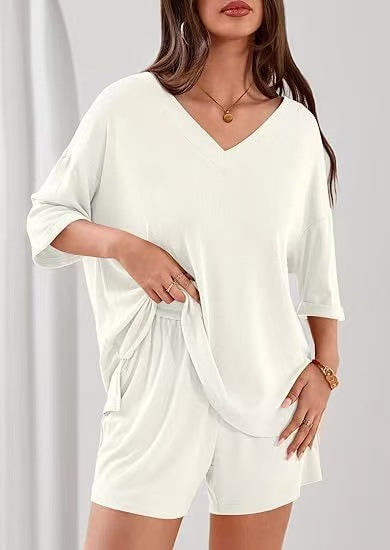 Womens Casual Commuter Two-Piece Set Short-Sleeve T-Shirt And Cropped Shorts