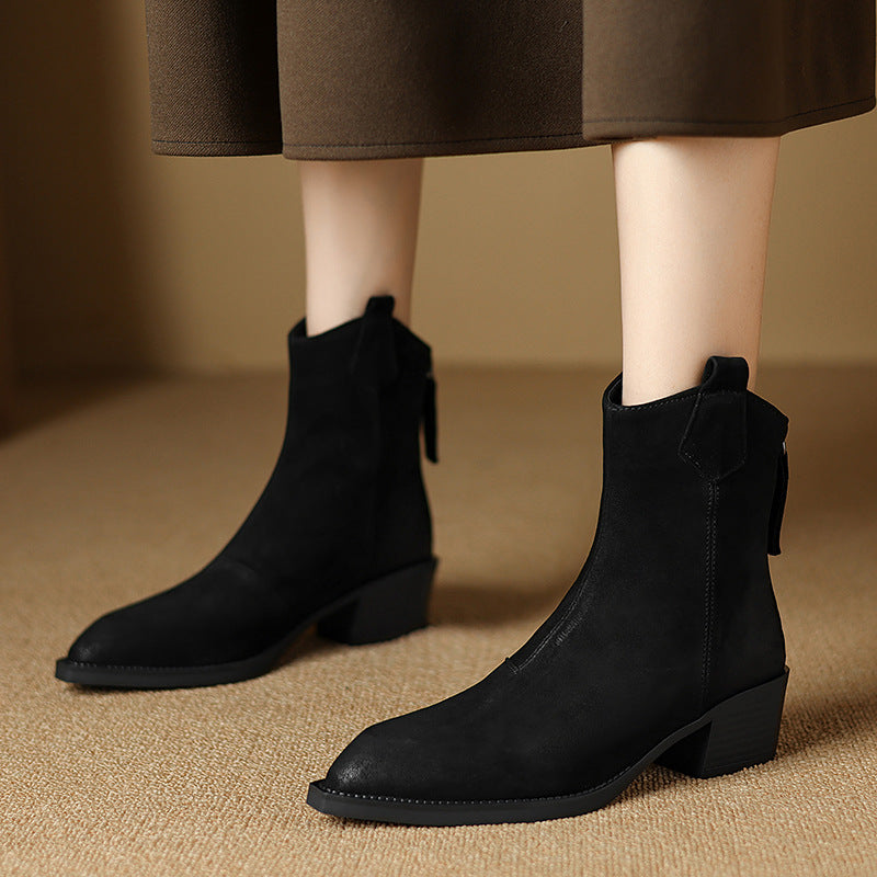 Women's Martin Boots Retro Light Brown Pointed Toe Chunky Heel Ankle Boots Winter New Style