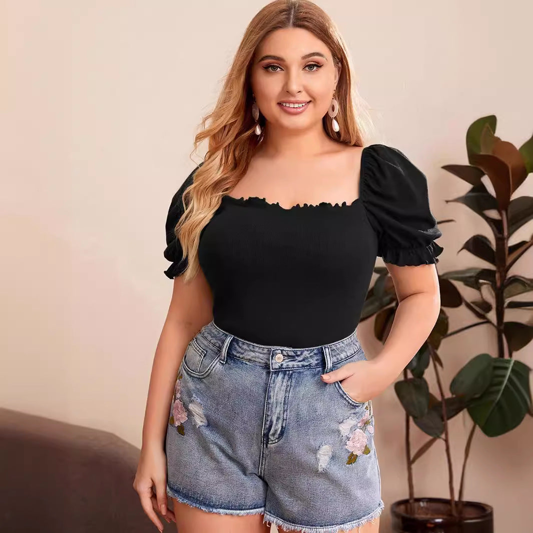 Elegant Style Puff Sleeve Square Neck Solid Color Short Top