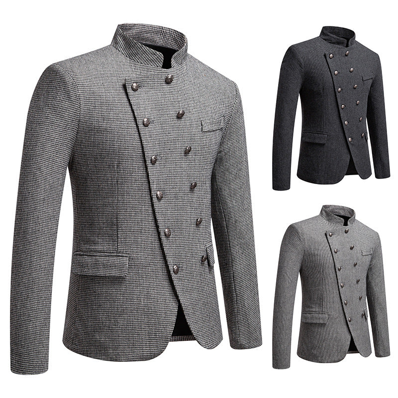 Business Slim-fitting Suit Stand Collar Double Breasted Oblique Placket Costume Men