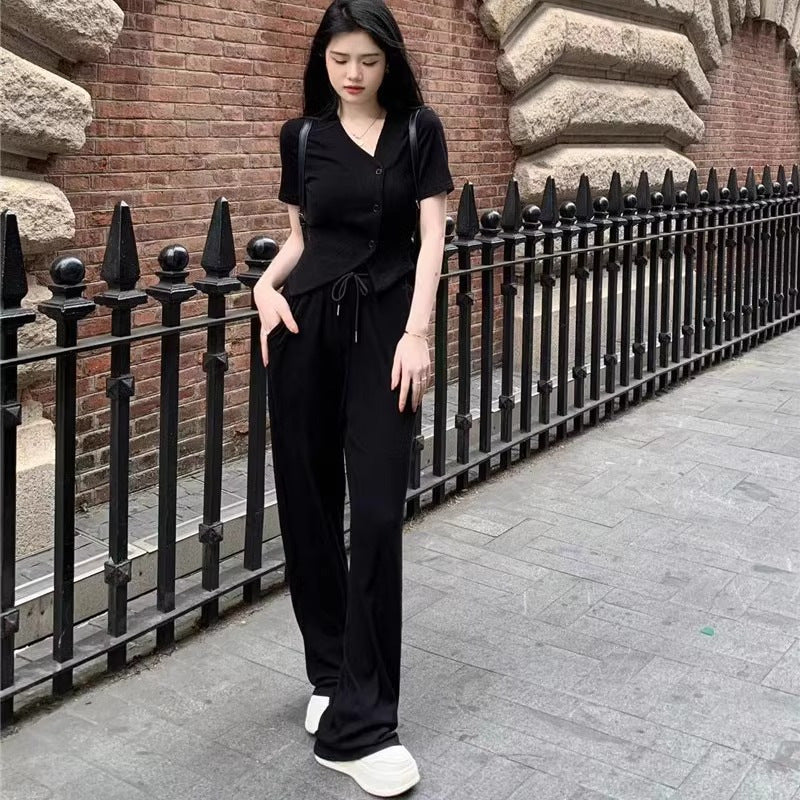 Short Sleeve Cardigan Top And Wide-leg Pants Two-piece Set