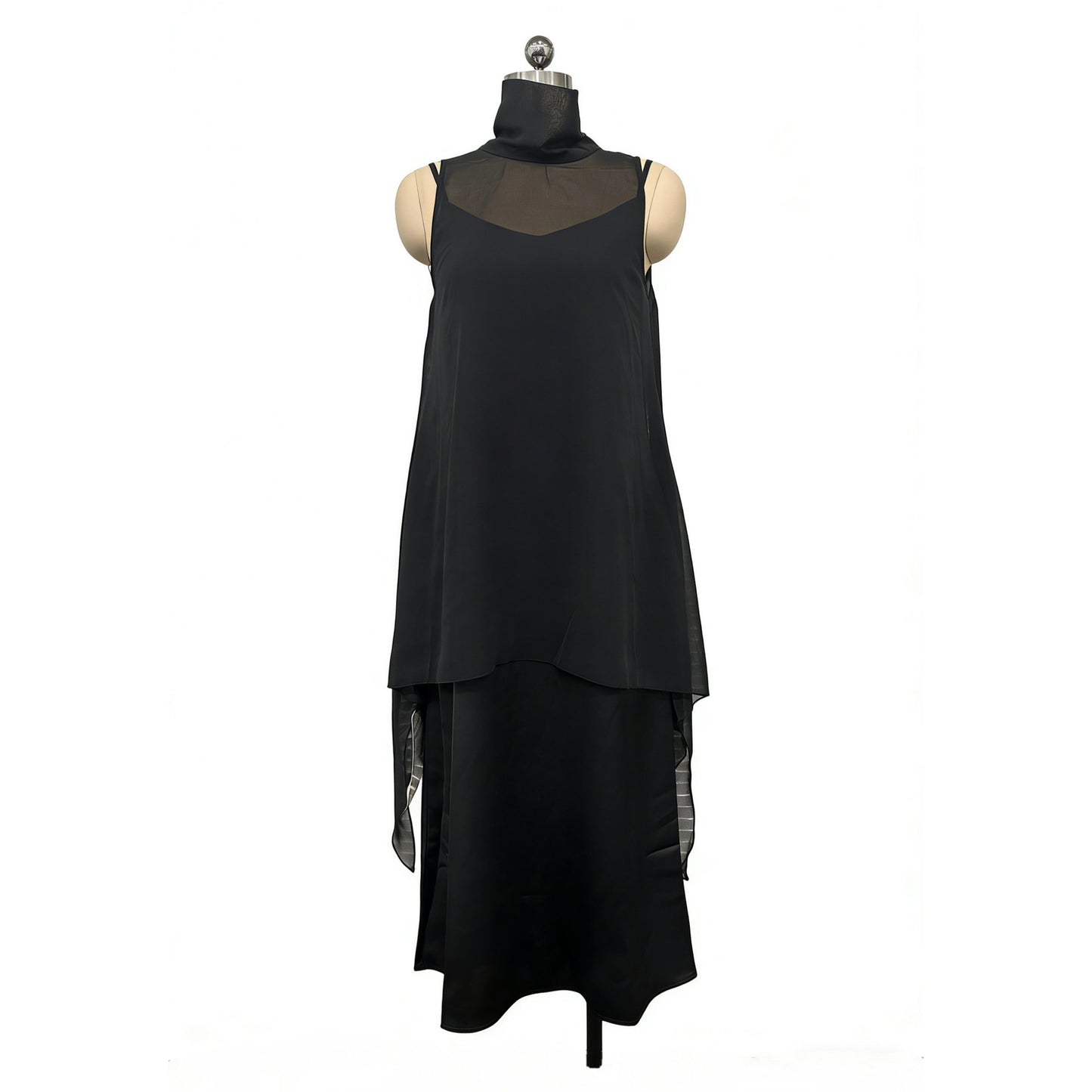 High-neck Asymmetrical Black Slip Chiffon Two-piece Set