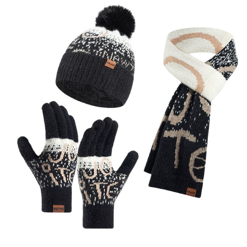 Ladies Jacquard Thickened Faux Mink Scarf Hat Gloves Three-Piece Set