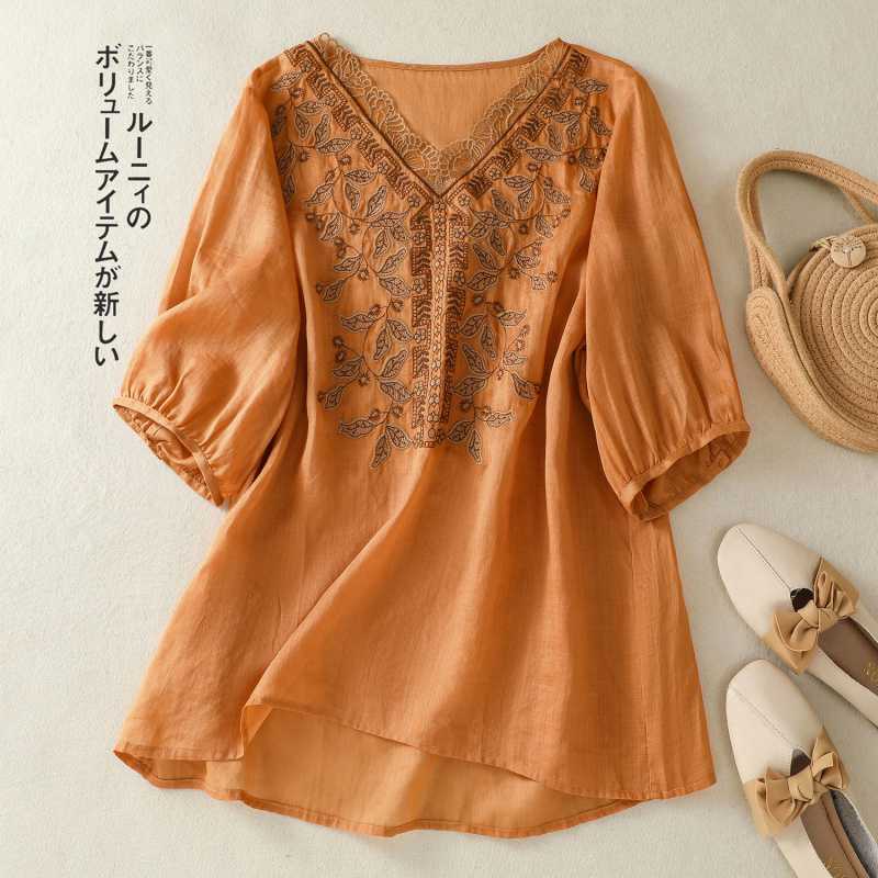 Vintage Embroidered V-Neck Blouse With Three-Quarter Sleeves For Women