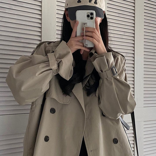 Korean Style All-matching Lapel Double Breasted Loose Leisure Short Long Sleeve Trench Coat