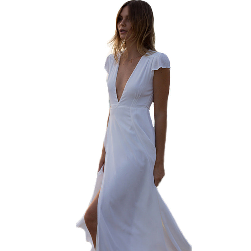 Short Sleeve Split Ankle-Length V-Neck Expansion Womens Dress