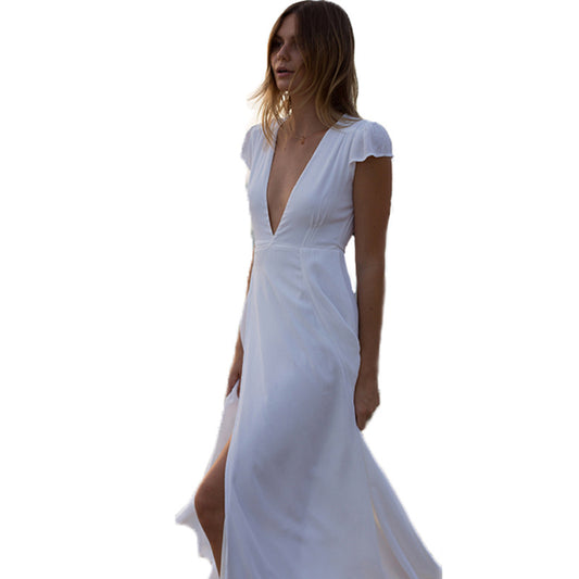 Short Sleeve Split Ankle-Length V-Neck Expansion Womens Dress