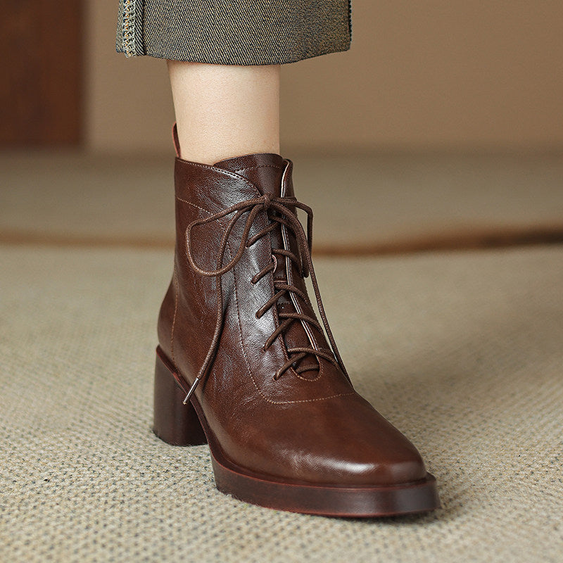 Retro Brown Leather Lace-up Boots