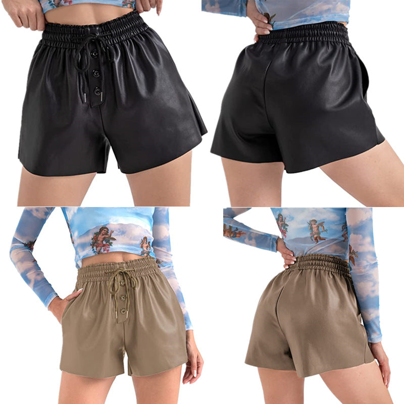 Casual Loose Drawstring Four Seasons Wear PU Elastic Leather Pants