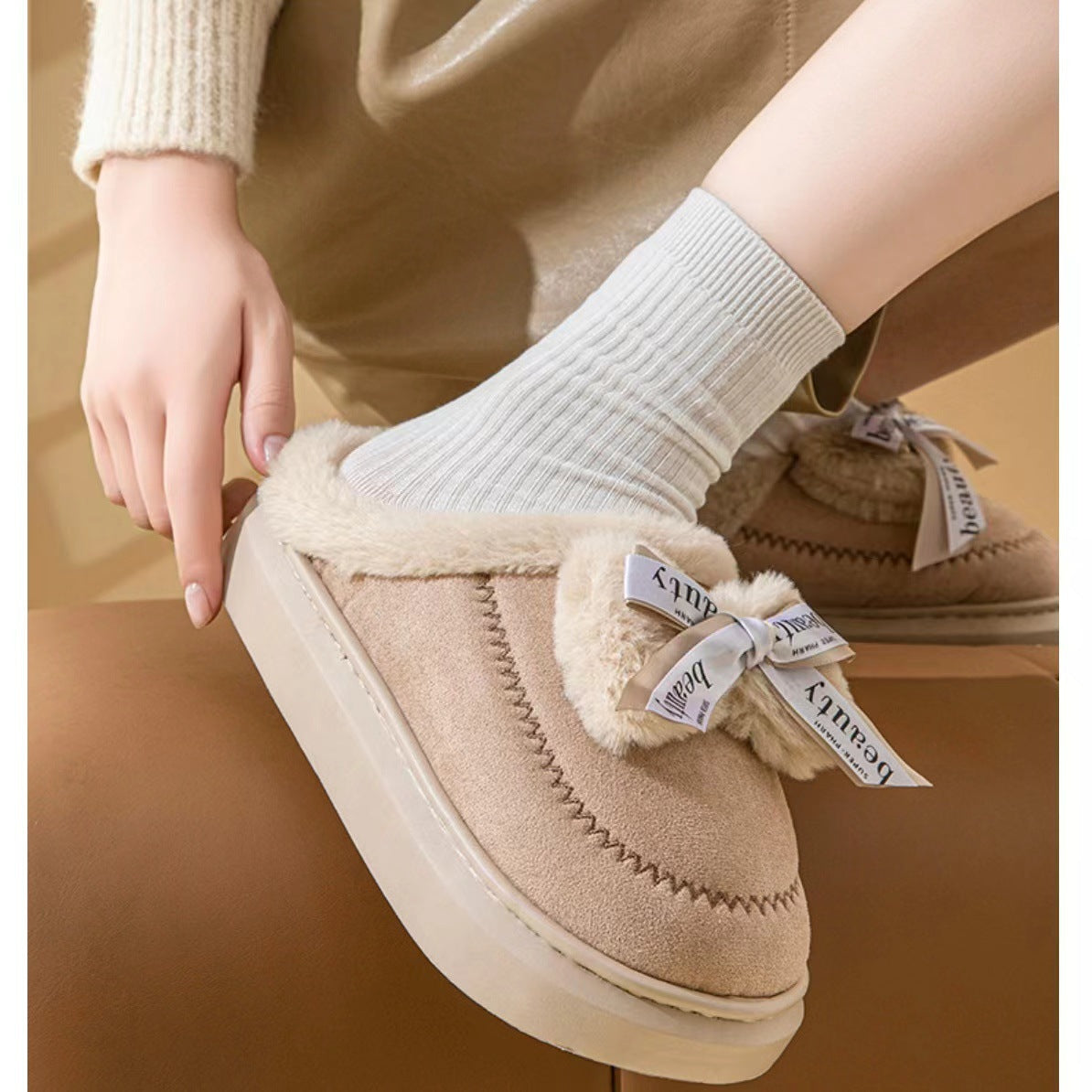 Women's Ribbon Bow Cute Thick Bottom Cotton Half Slippers