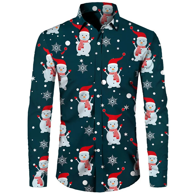 Funny Christmas Theme Digital 3D Printing Men's Button Lining Casual Long Sleeve