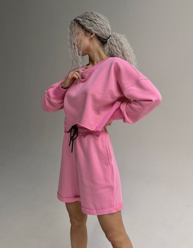 Women's Casual Set Asymmetrical Hem Short-Sleeve Top With Drawstring Shorts