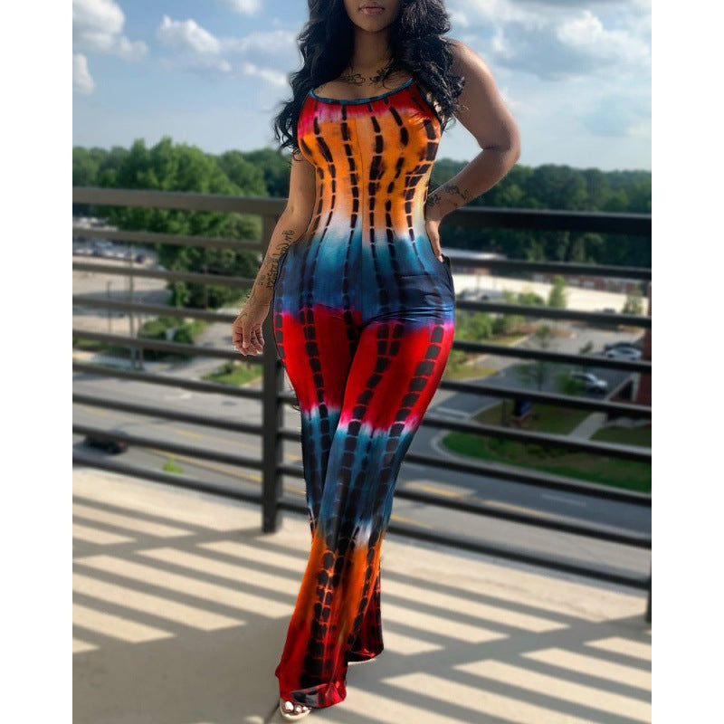 Women's Fashion Print Suspenders Wide Leg Casual Jumpsuit