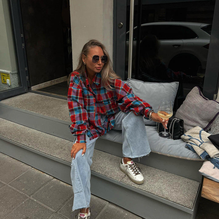 Lapel Long Sleeve Single Row Multi-buckle Plaid Shirt