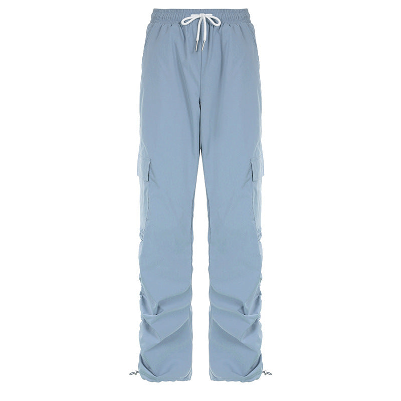 Grey Blue Pleated Drawstring Casual Pants For Women