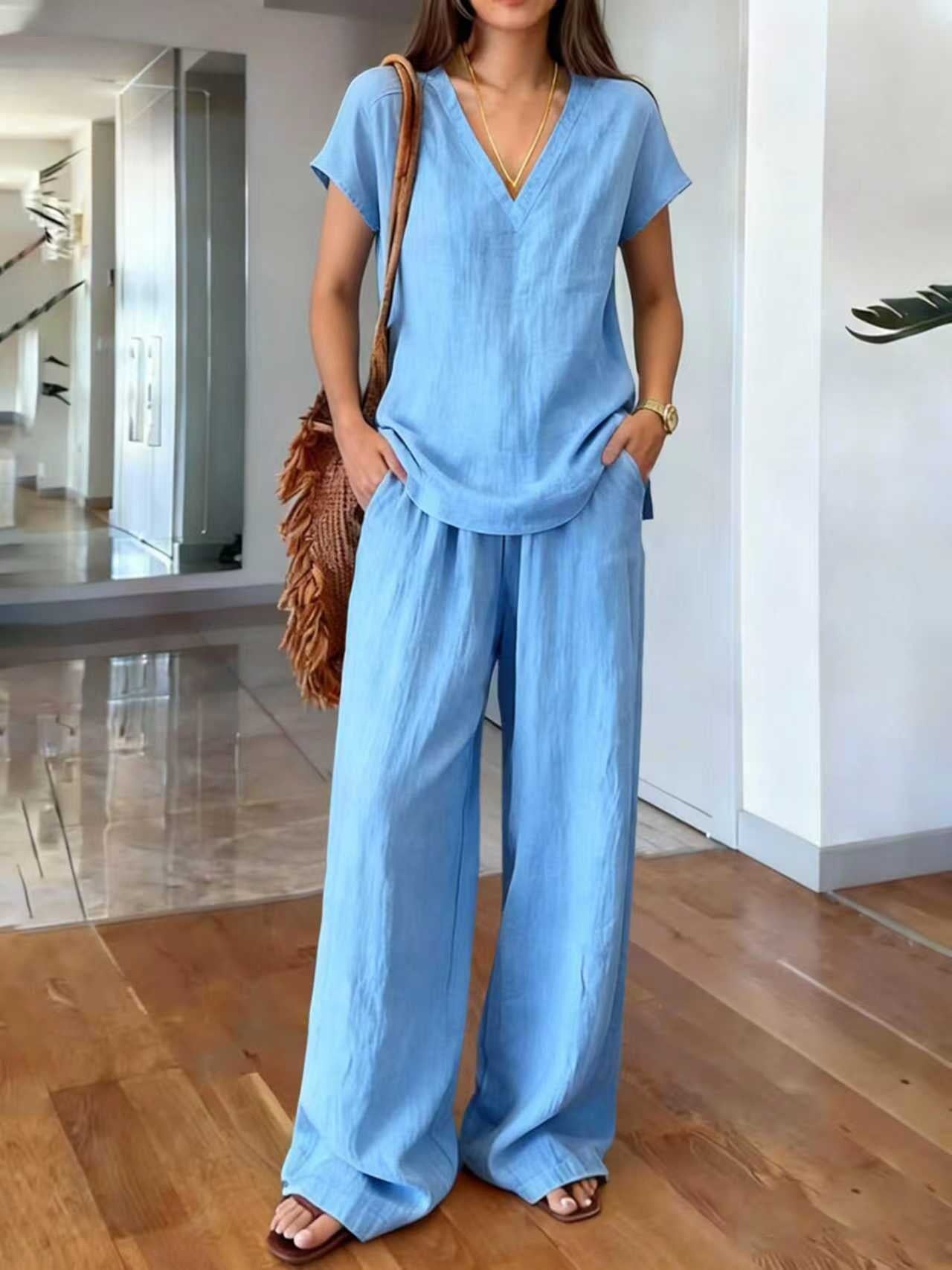 Fashionable V-neck Short-sleeve T-shirt And Wide-leg Pants Womens Suit