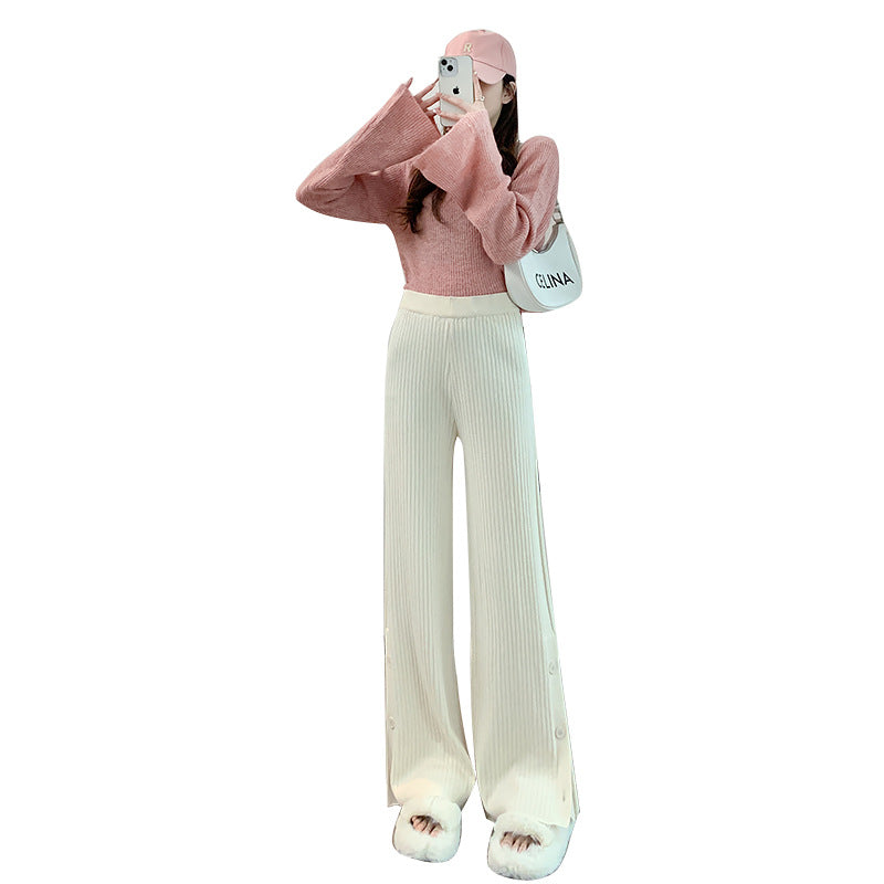 Knitted Wide-leg Pants Women's High Waist Straight Loose