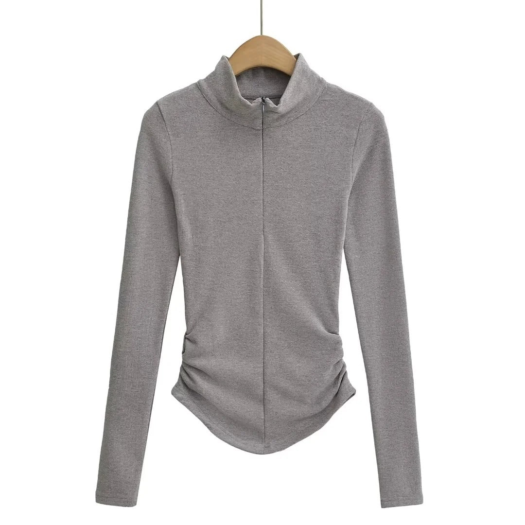 High Collar Half Zipper Stretch Slim-fit Thin Velvet Long Sleeve