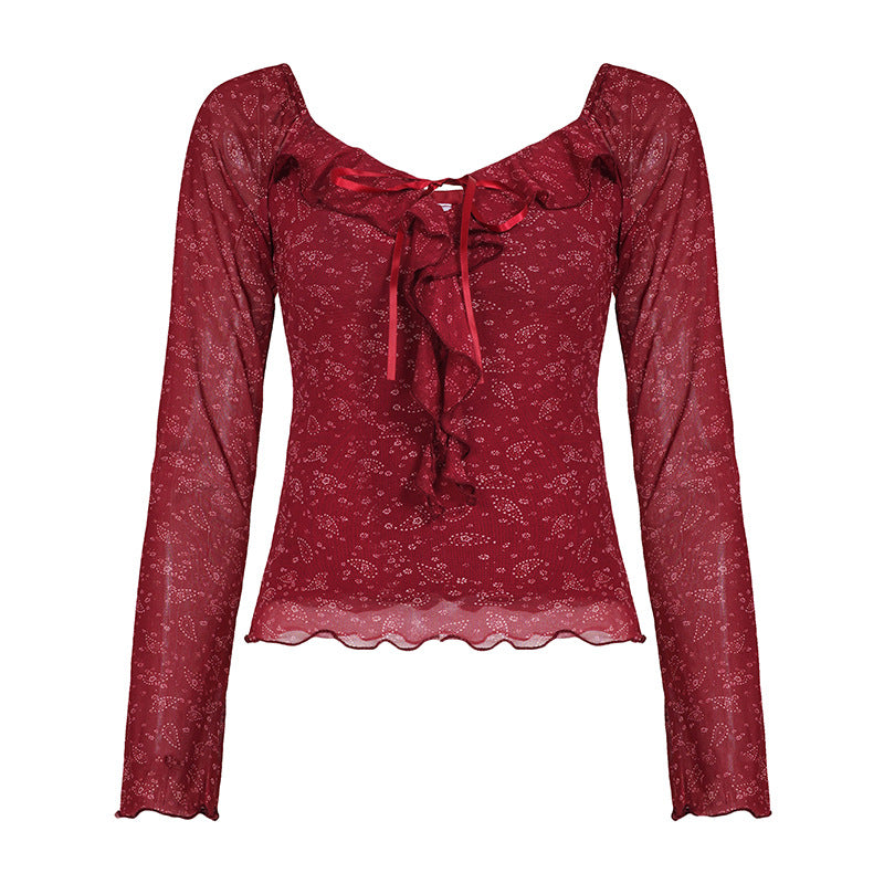 French Jacquard Square-neck Floral Ruffled Long-sleeve Top