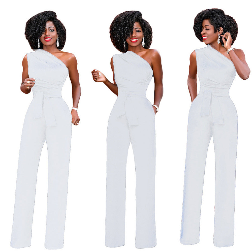 Solid-color Slanted-collar Buttoned Jumpsuit With Wide Legs