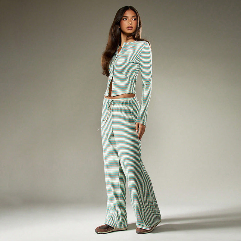 Striped Single-breasted Long Sleeve Drawstring Trousers Two-piece Suit