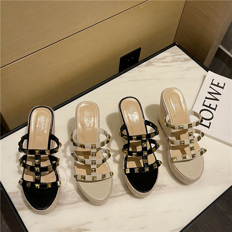 New Korean Rivet Straw Wedges For Women's Shoes
