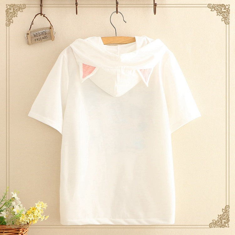 Cute Ladies Short Sleeve Hoodie Party Cat