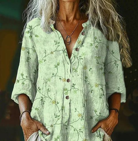 Women's Vintage Floral Art Print Cotton-Linen Casual Shirt