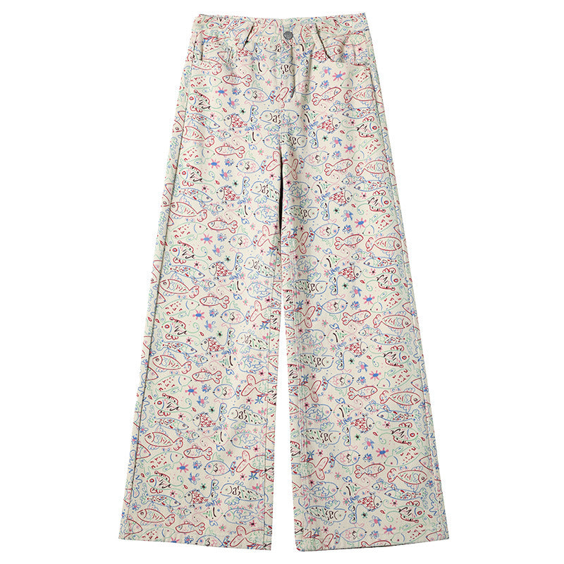 Small Fish Graffiti Pattern Straight Wide Leg High Waist Casual Trousers