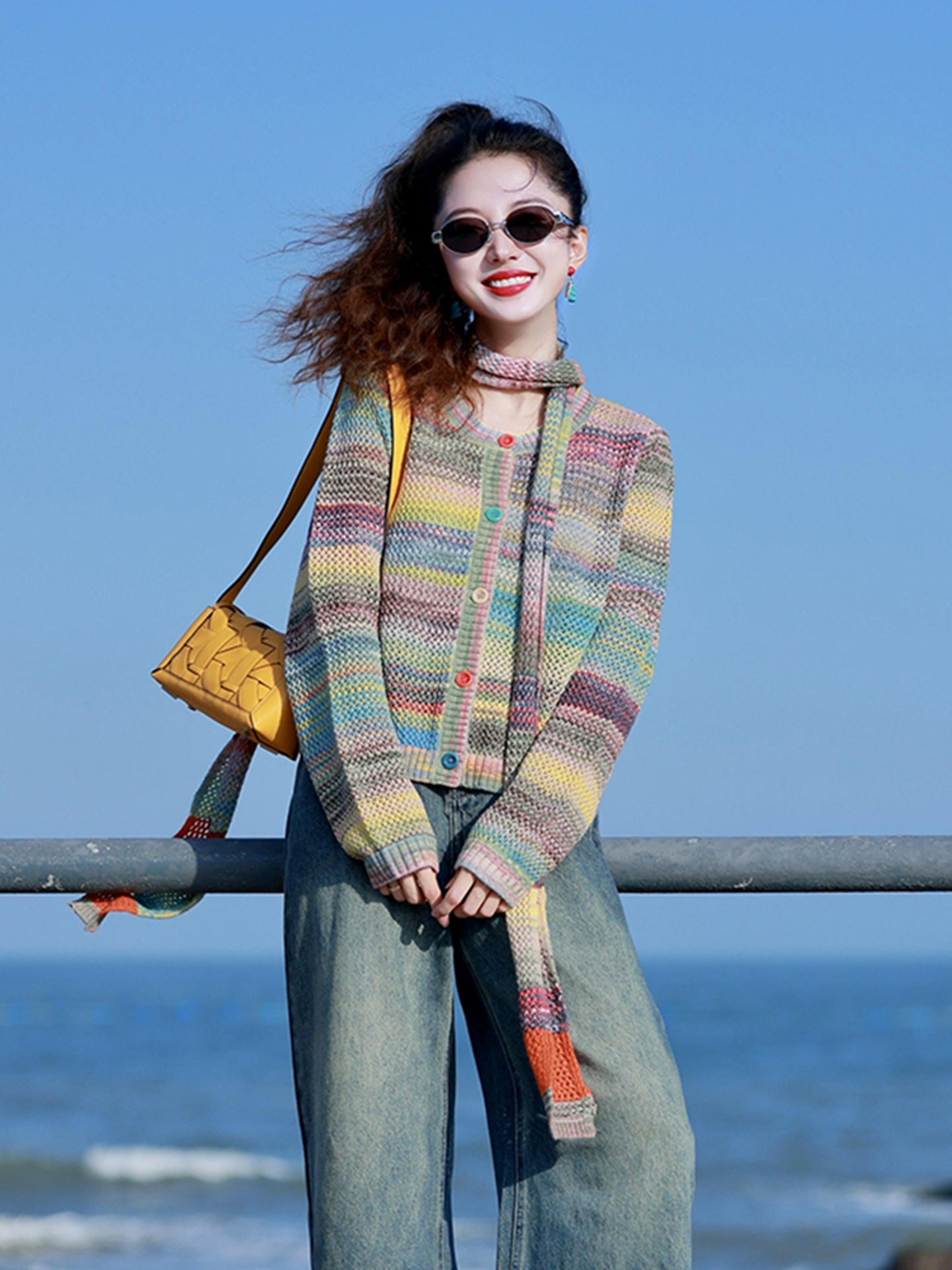 Dopamine Rainbow Fashionable Western Style Youthful-looking Knitted Cardigan