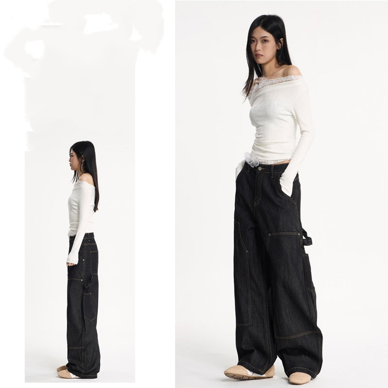 shaped Wide-leg Double-knee Raw Denim Workwear Jeans