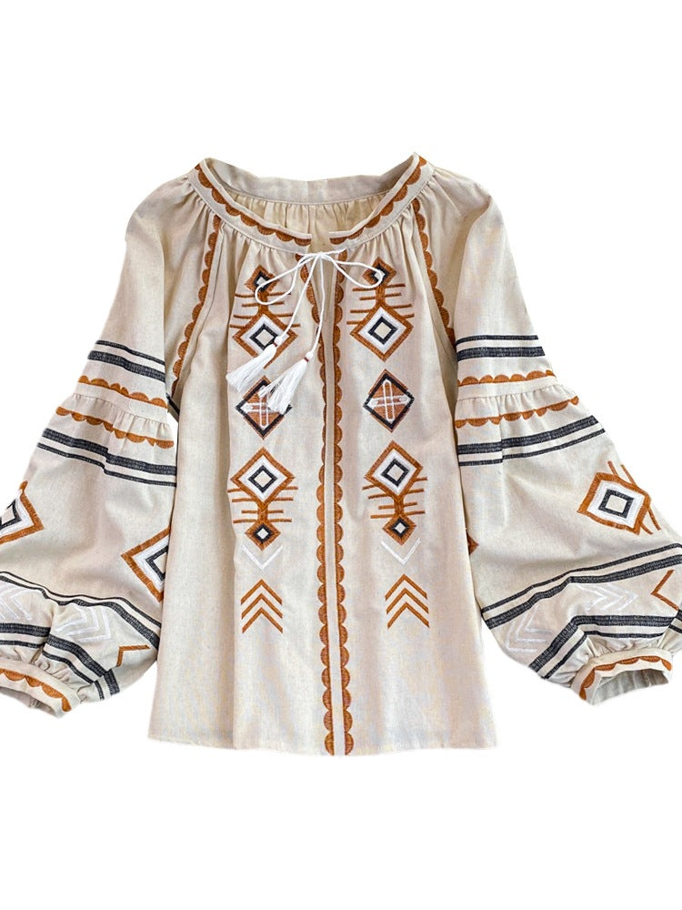 Embroidery Slimming Lantern Sleeve Doll Top