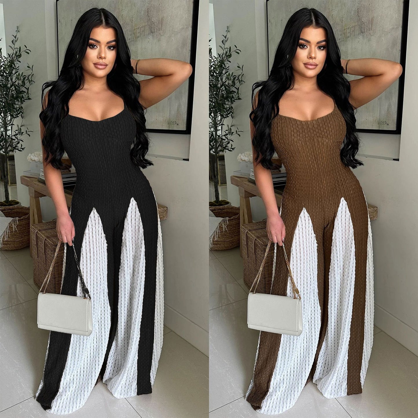 Sexet Jumpsuit Med Udsnit, Brede Ben, Strikket Slynge og Kontrastfarver
