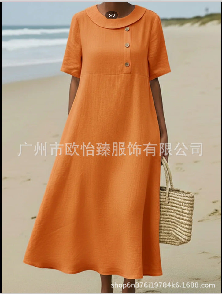 Solid-color Comfortable Crew-neck Loose-fitting Dress For Women