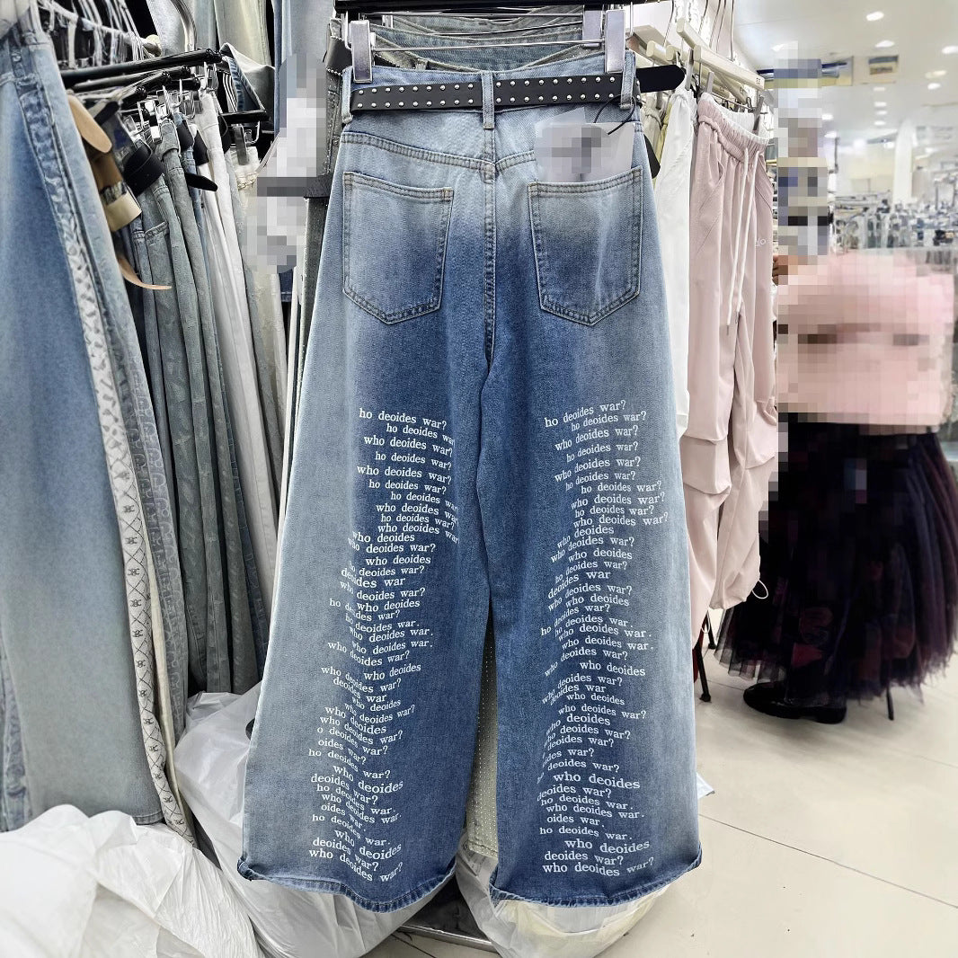Shadow Washed Slim Fit Letter Wide Leg Jeans