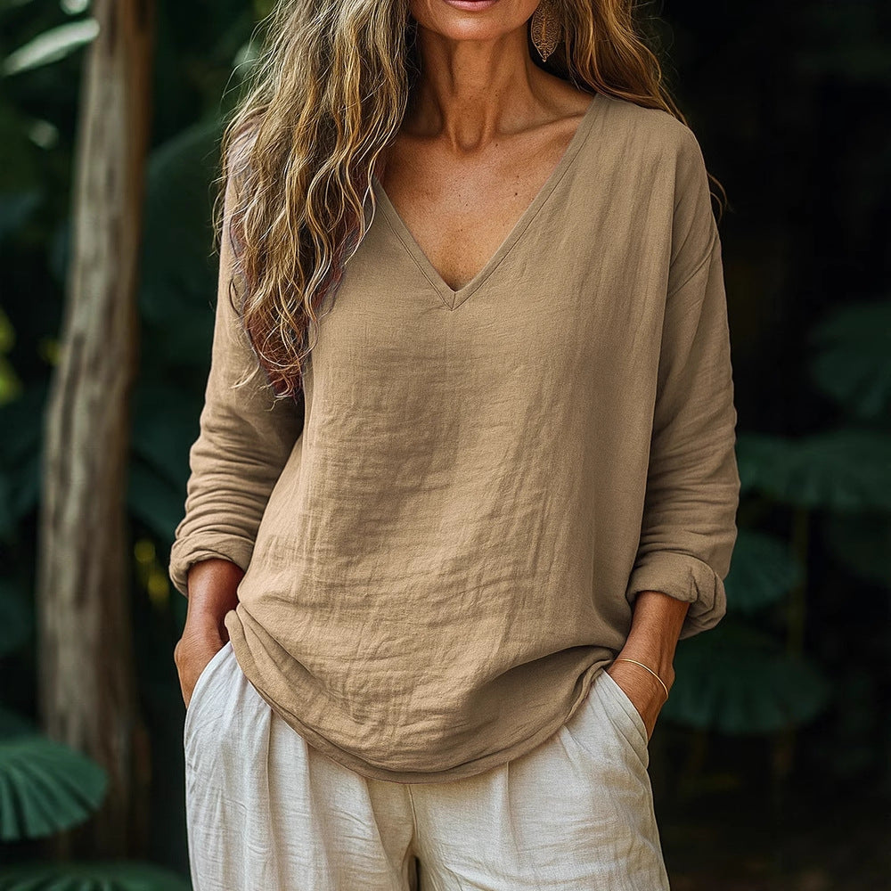 Casual Loose Fashion Cotton And Linen Long-sleeved Top