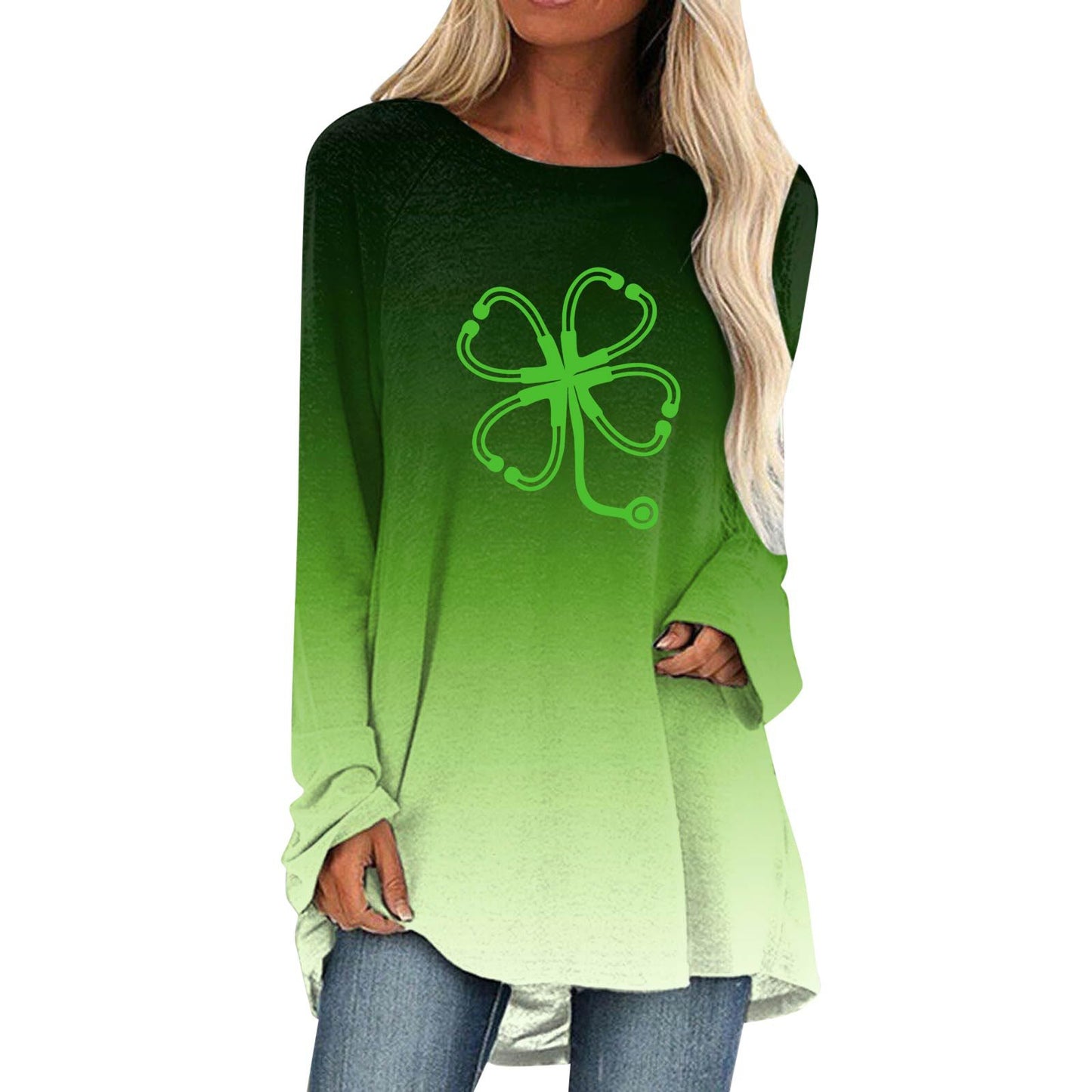 Cotton Fabric Gradient Round Neck Long Sleeved Women's Clothing