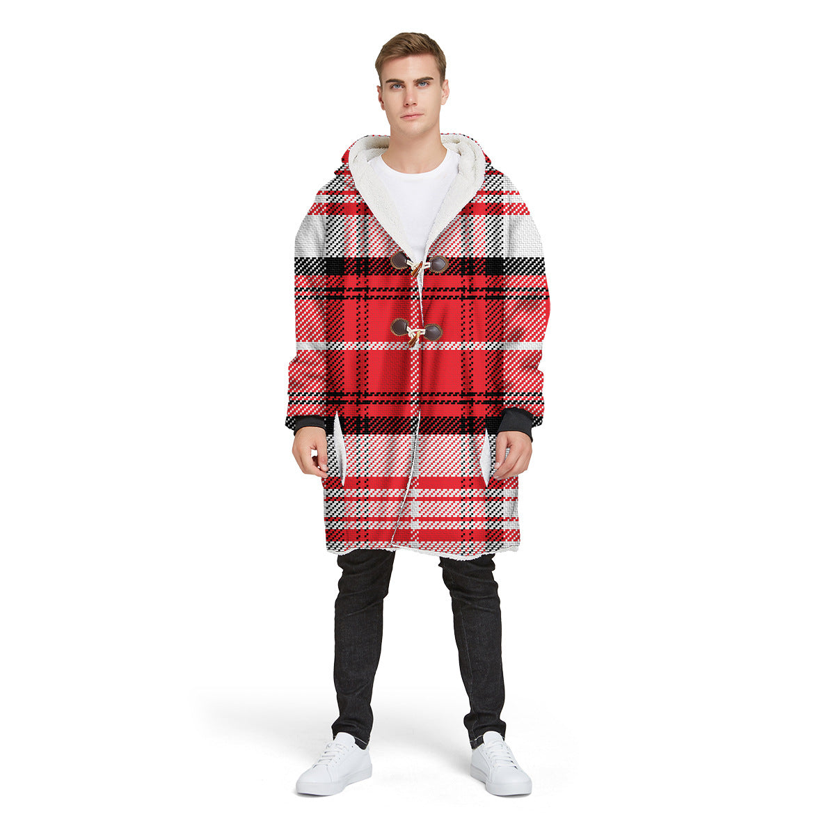 Fashion Plaid Men's Digital Printed Long Hooded Jacket