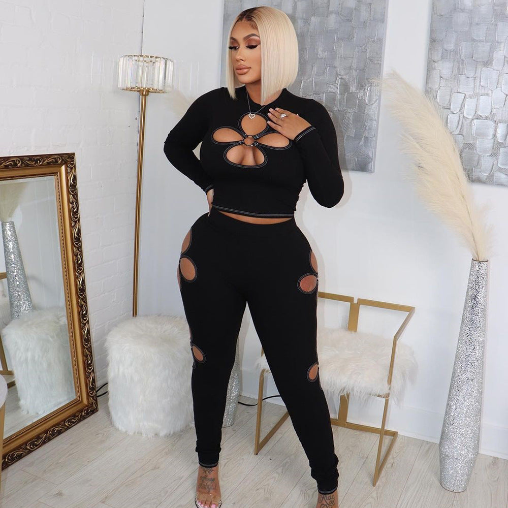 Slim-fit Four-leaf Hollow-out Solid-color Long-sleeve T-shirt