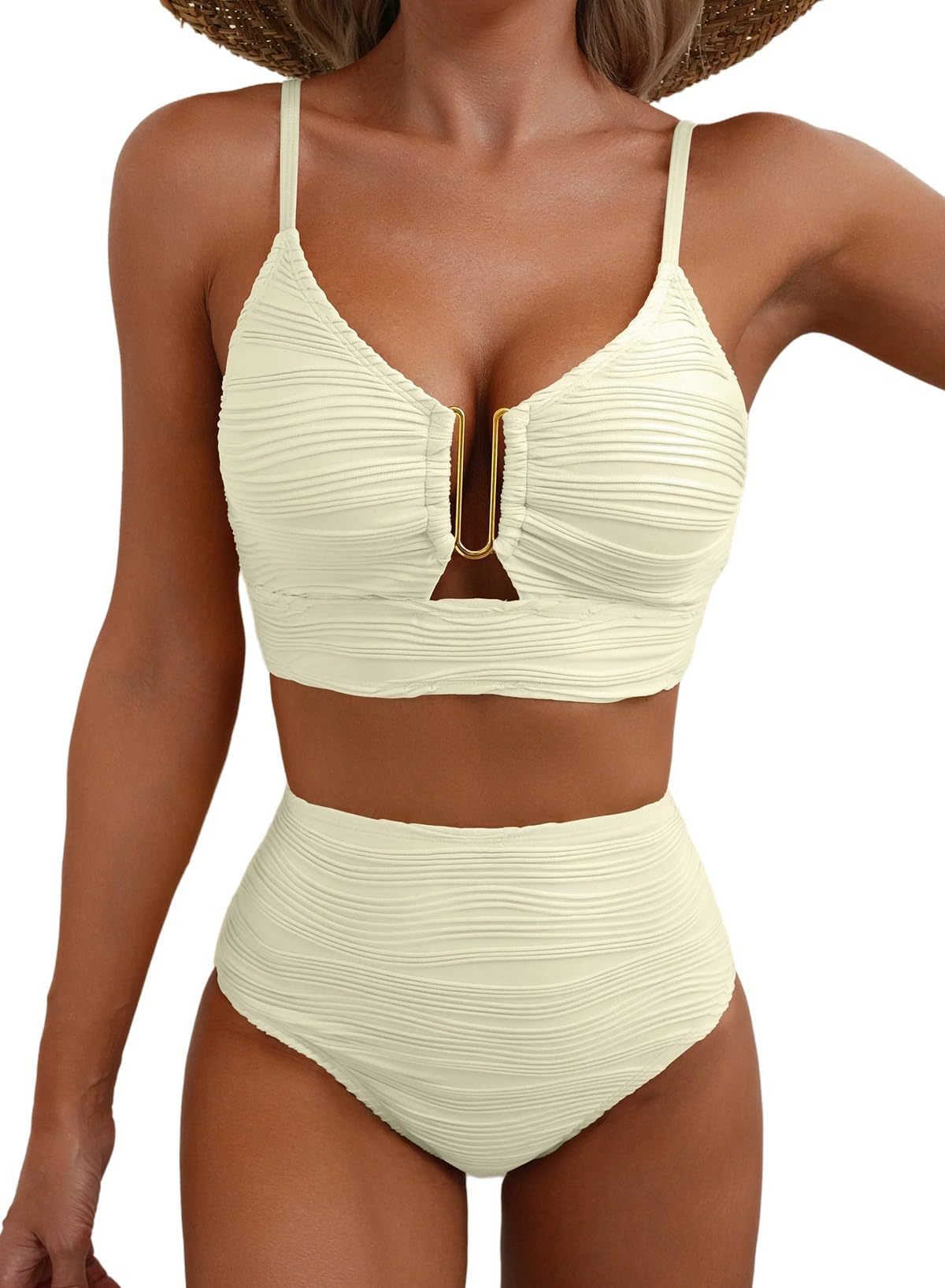 New V-neck Hollow-out Bikini With High-waisted Textured Ruffle Detailing